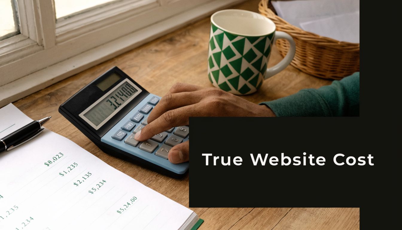 A person using a calculator to analyze financial data on paper for calculating website costs.
