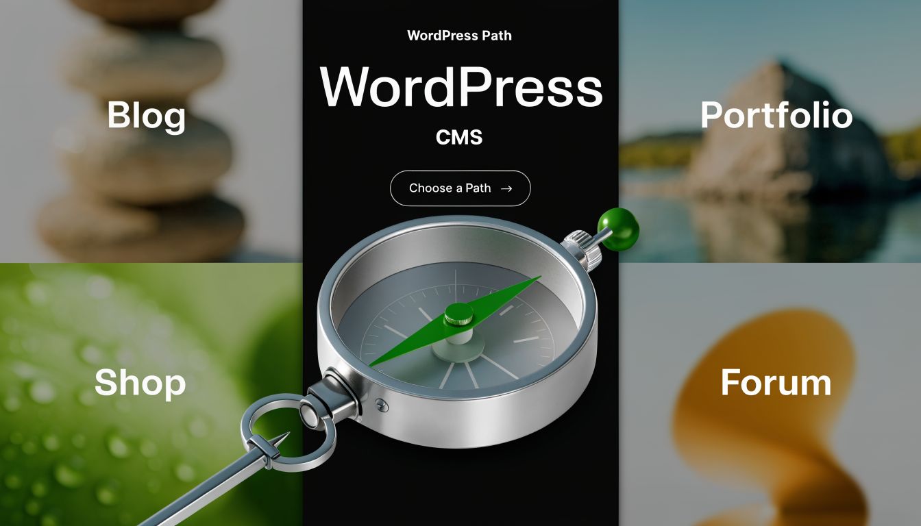 A compass centered on a black background surrounded by four blurred sections representing blog, portfolio, shop, and forum.