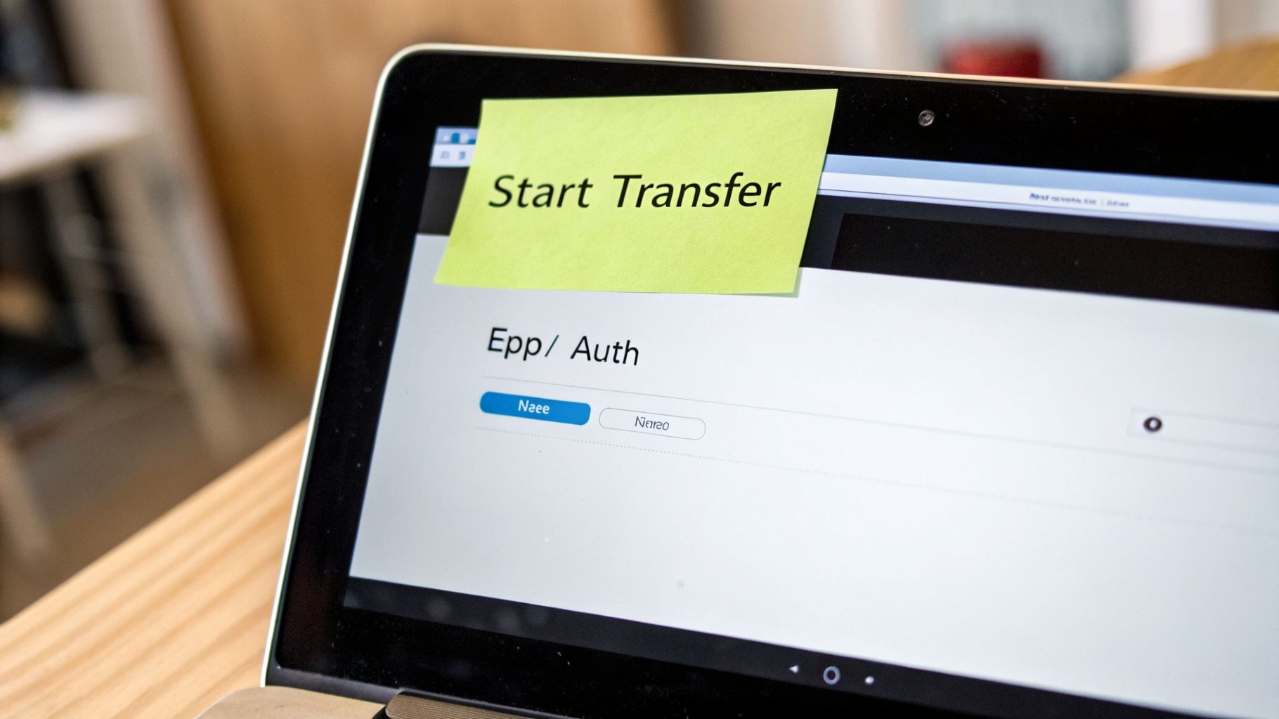 A yellow sticky note with 'Start Transfer' on a laptop screen displaying EPP/Auth options.