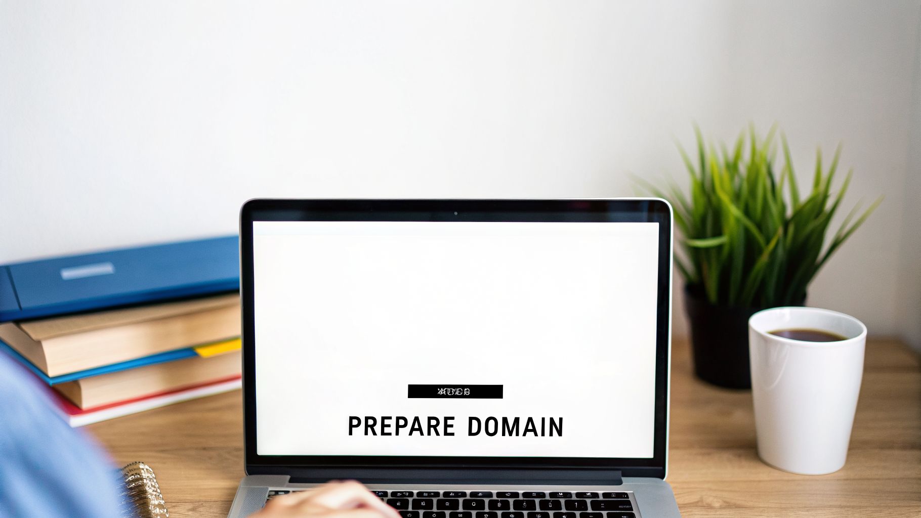 Person typing on a laptop with 'PREPARE DOMAIN' on screen, surrounded by books and coffee.
