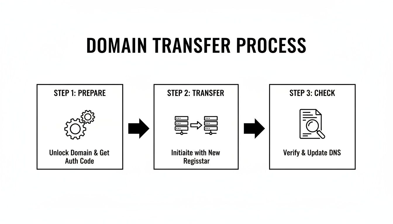 A three-step diagram illustrating the domain transfer process: prepare, transfer, and check.