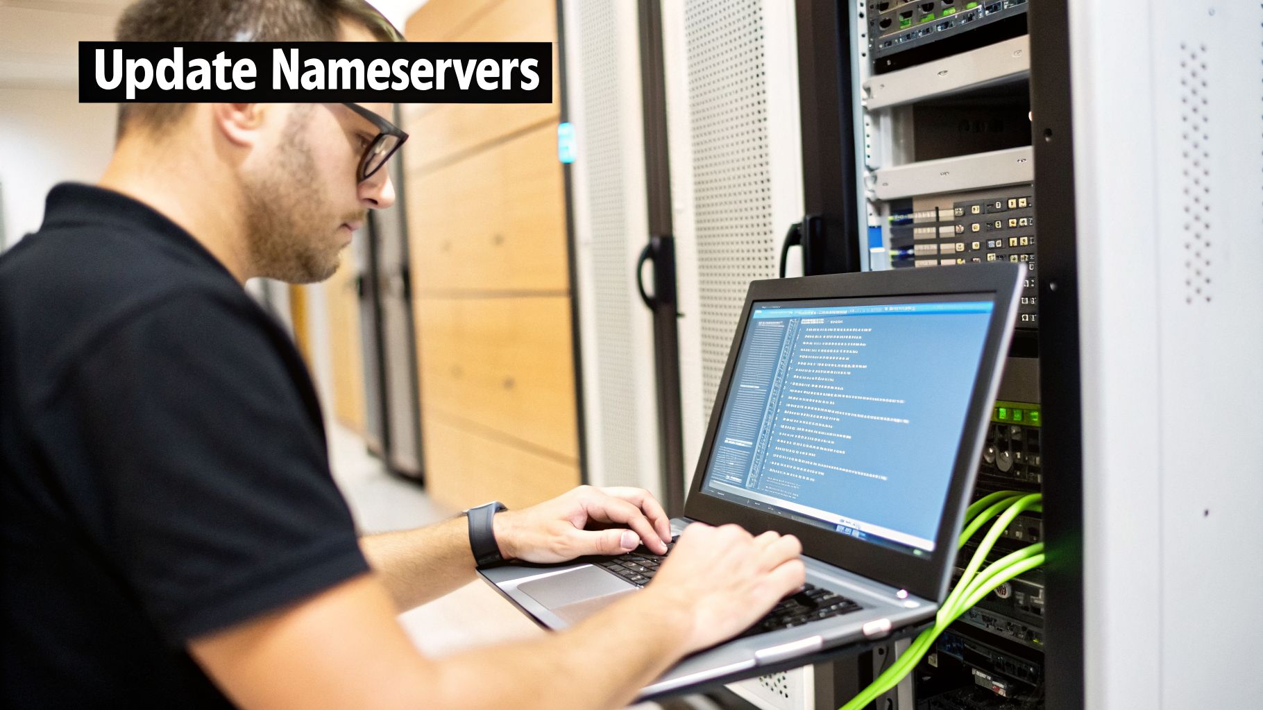 Man in a server room updating nameservers on a laptop, surrounded by server racks.