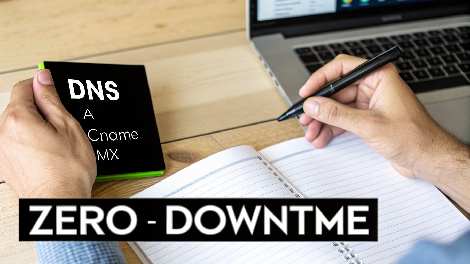 A person holds a card with 'DNS A Cname MX' text, next to a notebook, laptop, and 'ZERO - DOWNTIME' banner.