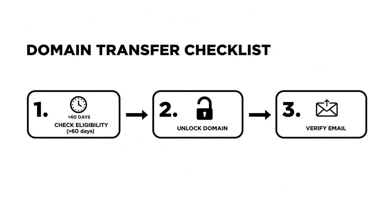 A domain transfer checklist outlining three steps: check eligibility, unlock domain, and verify email.