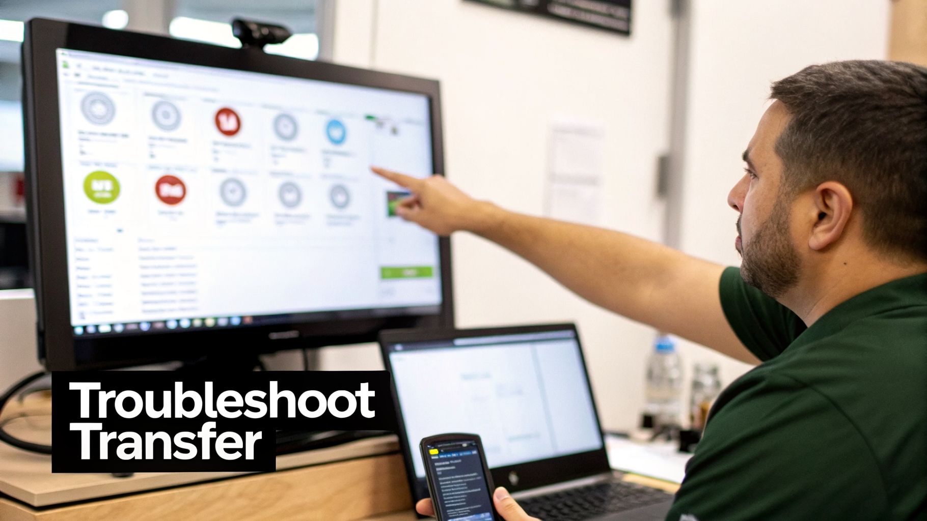 A man points at a computer screen displaying various icons, with a laptop and smartphone nearby.