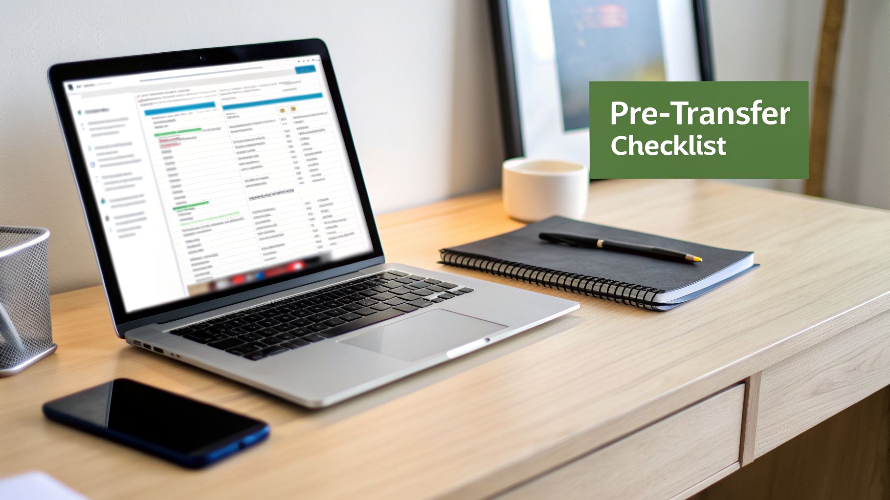 Workspace with a laptop displaying a pre-transfer checklist, alongside a notebook, pen, and smartphone on a wooden desk.