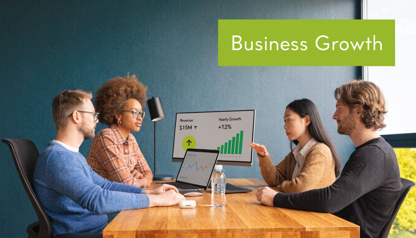 A professional team of four collaborating in a modern office, analyzing business growth and revenue charts together.