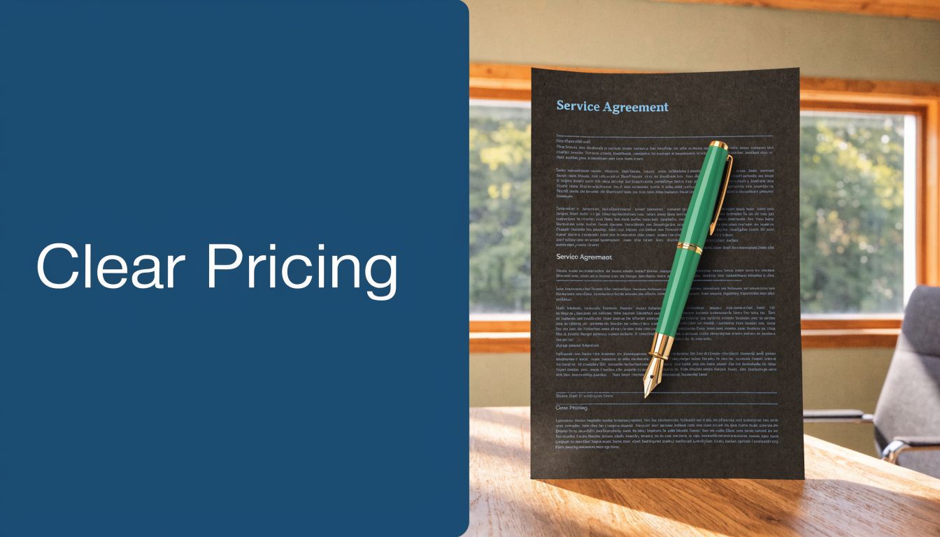 A document titled Service Agreement lies on a desk with a fountain pen resting on it.