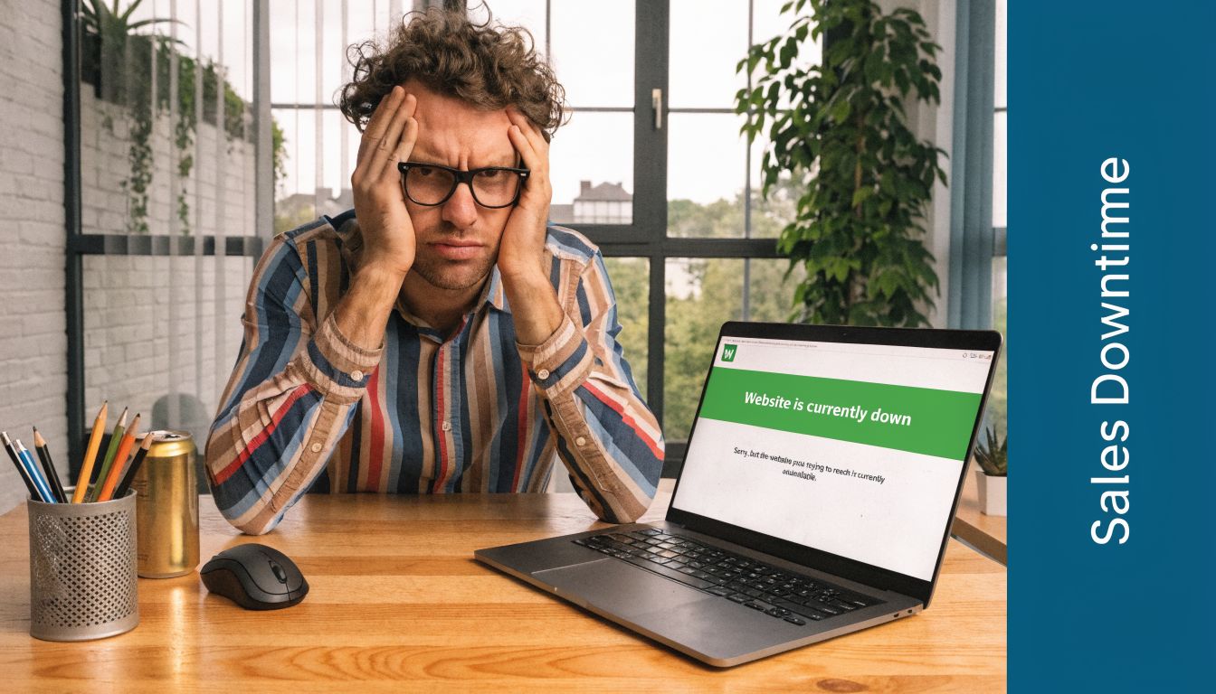 A frustrated man sits at a desk with a laptop displaying a website downtime error message.