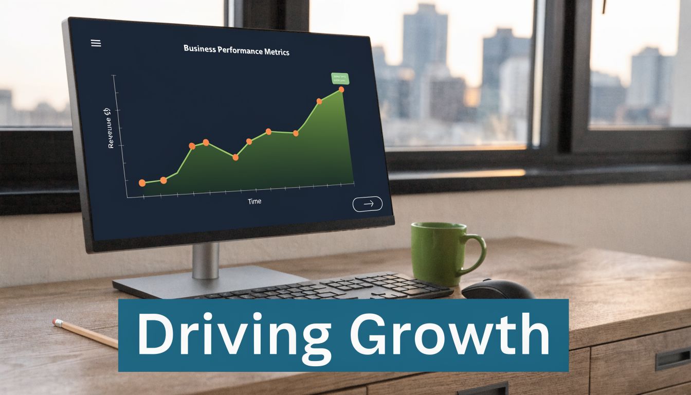 A modern computer monitor on a wooden desk displaying a business revenue growth chart with a cityscape background.