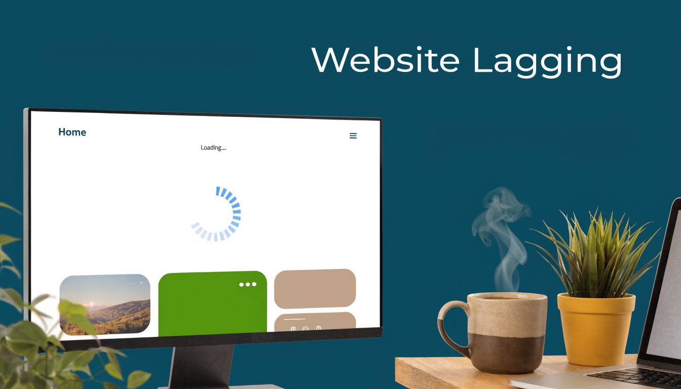 A computer monitor displaying a loading spinner with text indicating website lagging next to coffee and plants.