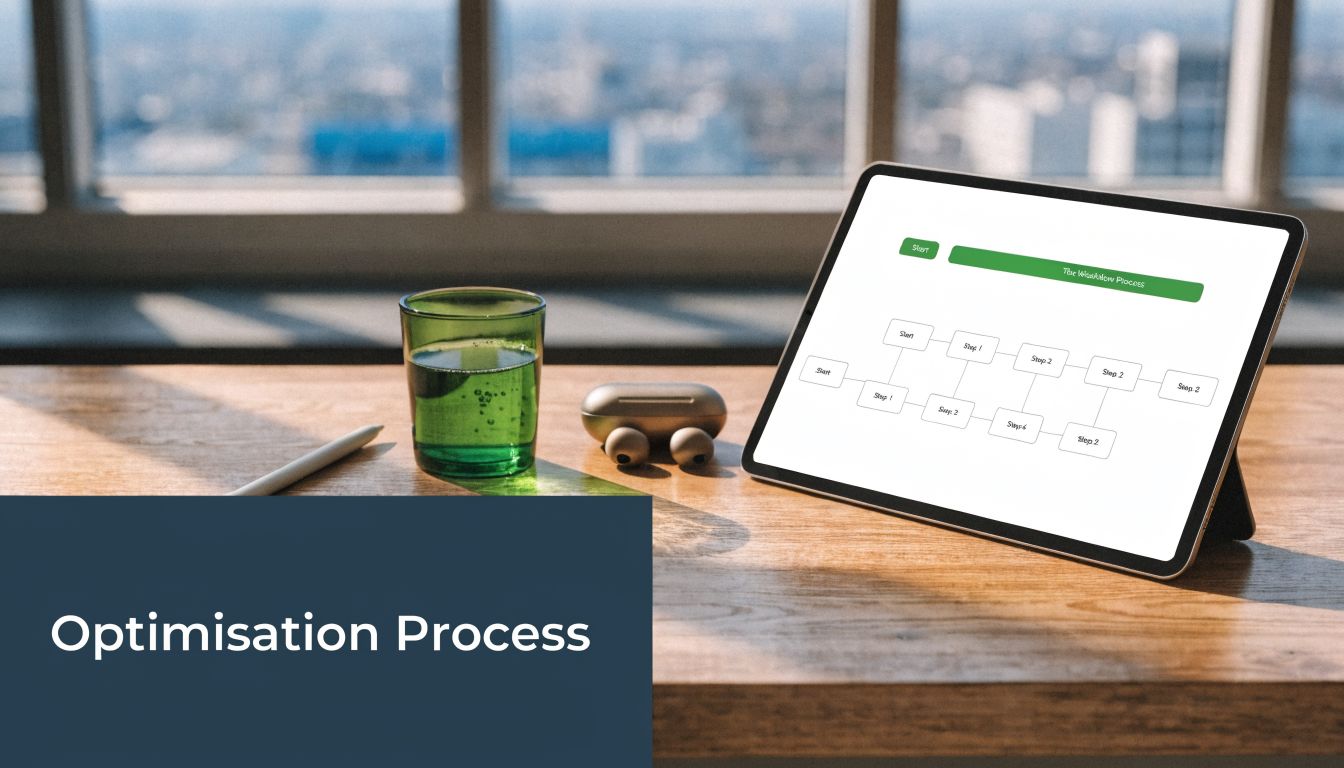 A digital tablet displaying a flowchart workflow process on a wooden desk next to a glass.