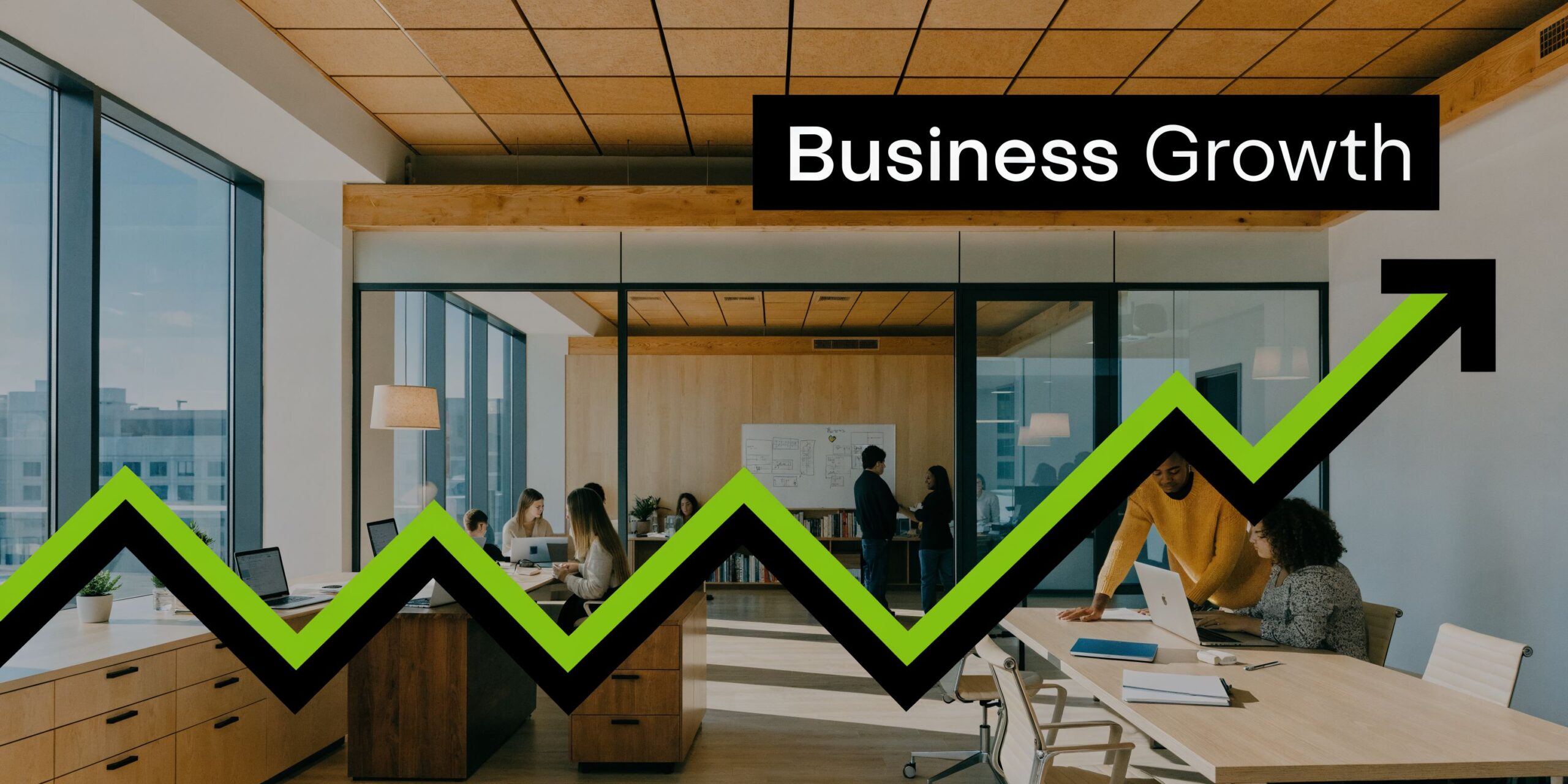 A professional business team working in a modern office with a green growth chart overlaying the scene.