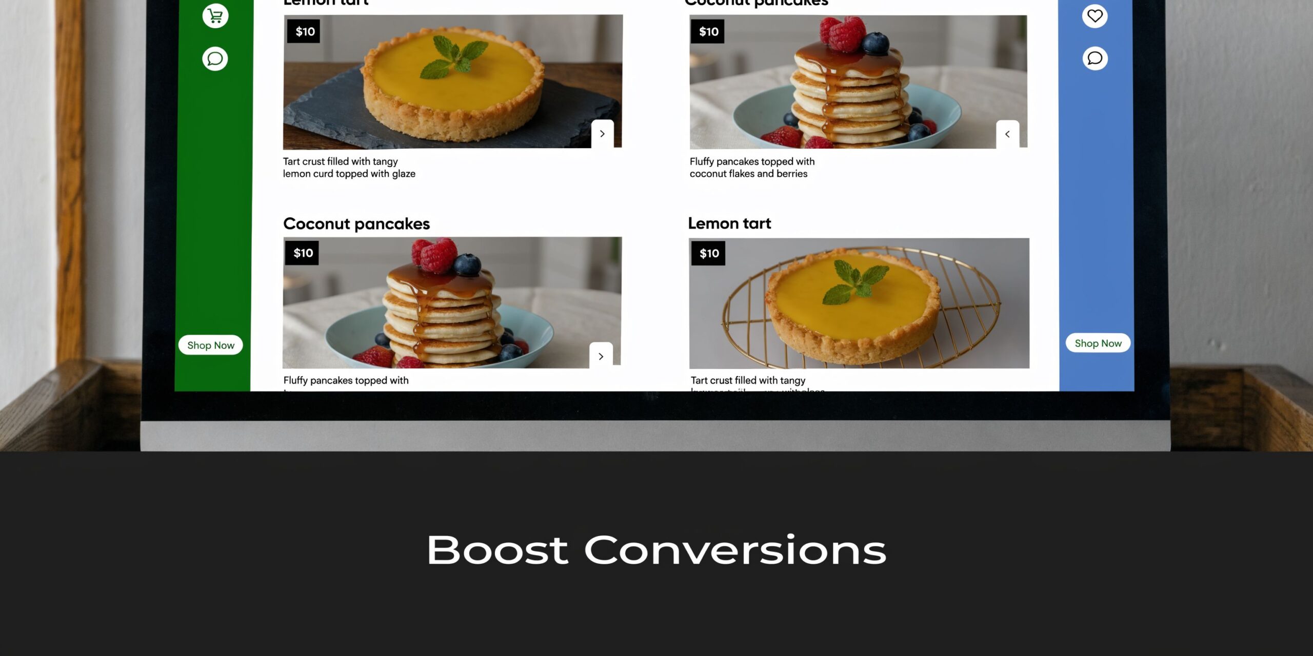A digital screen displaying a website with food menu items and a Boost Conversions promotional text below.