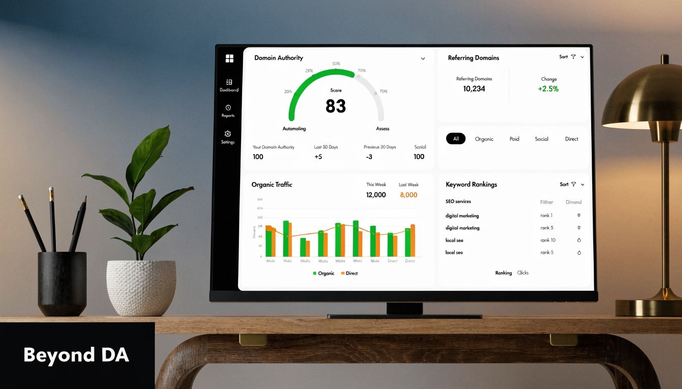 A modern computer monitor displaying a digital SEO marketing analytics dashboard on a clean wooden desk.