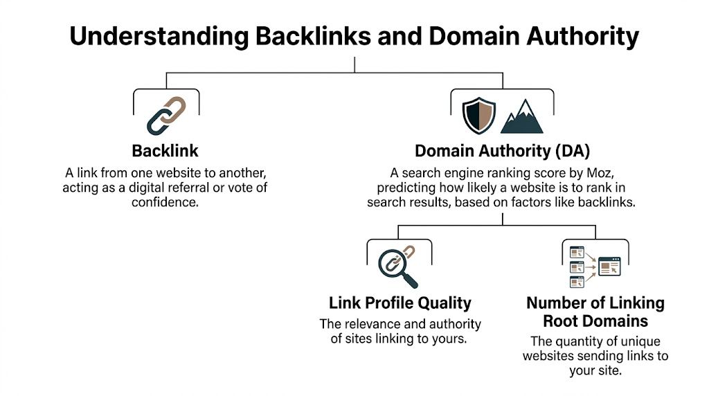 A flowchart explaining the relationship between website backlinks and Domain Authority as a ranking metric.