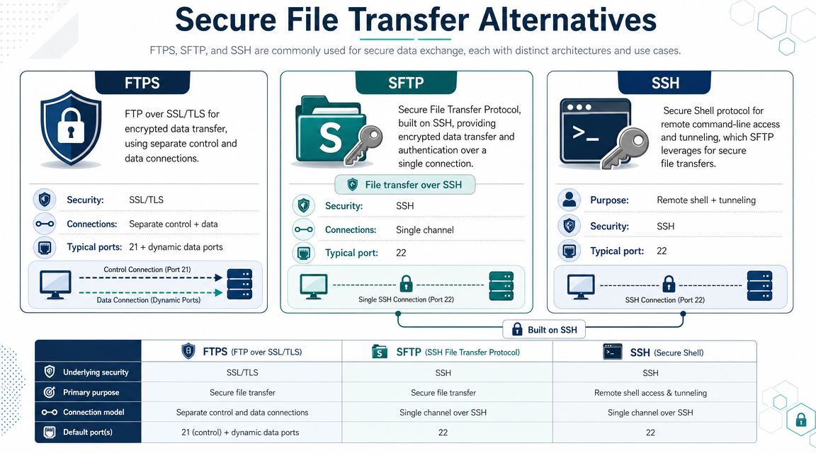 A comparison chart outlining the key differences between FTPS, SFTP, and SSH secure file transfer protocols.