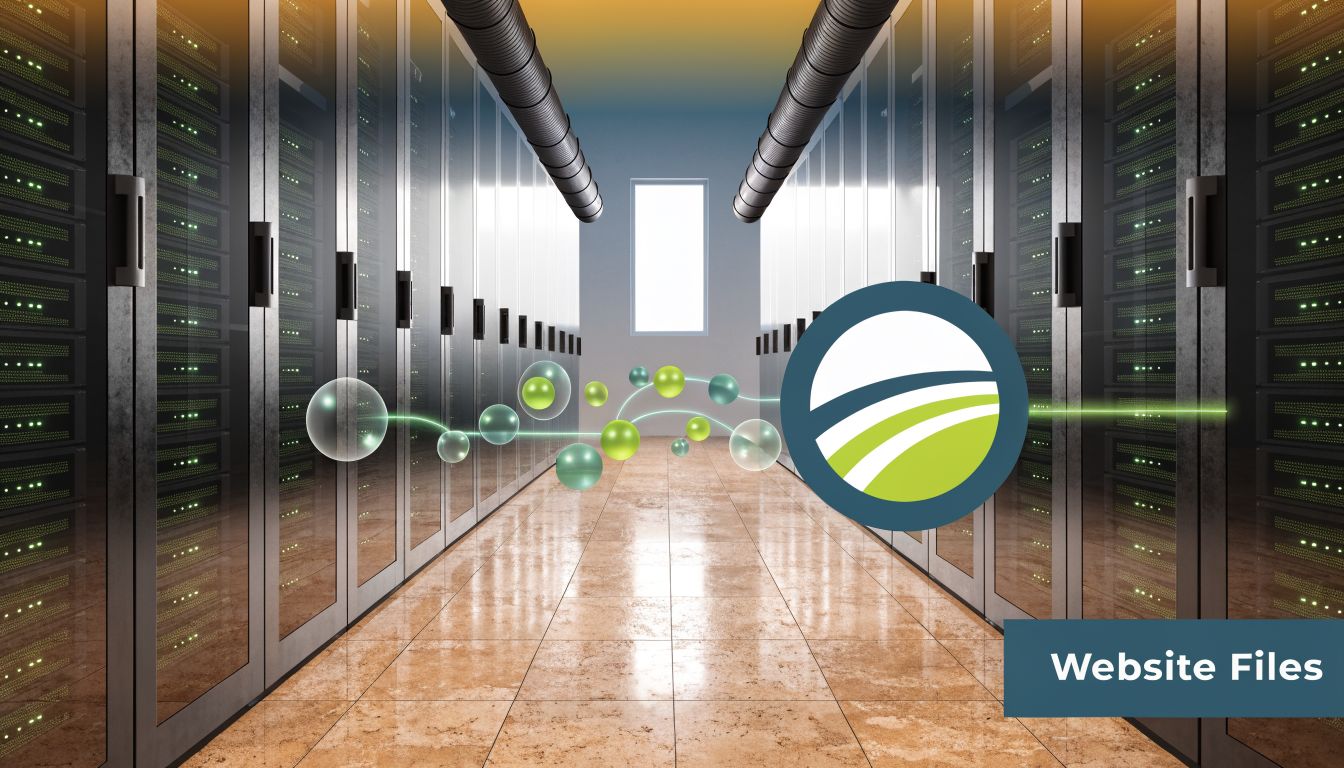 A server room environment with a digital graphic representing network connectivity and data transfer.