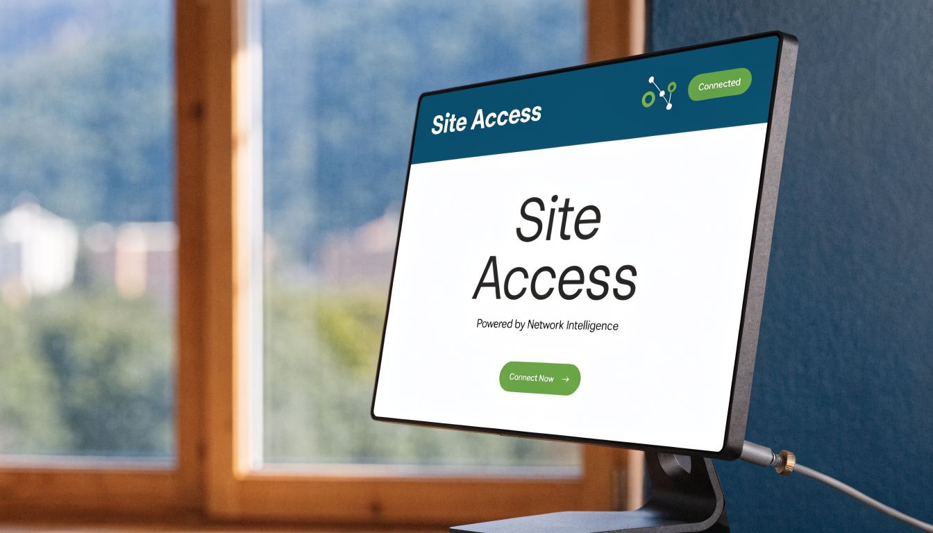 A modern computer monitor displaying a site access connection portal with a green button and digital network icon.