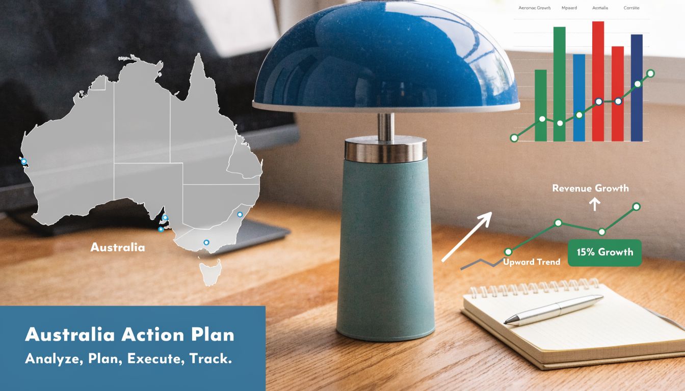 A professional desk workspace featuring an Australia map, data charts, and business growth analytics graphics.