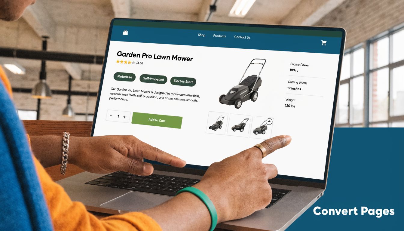 A person using a laptop to view a product page for a professional lawn mower online.