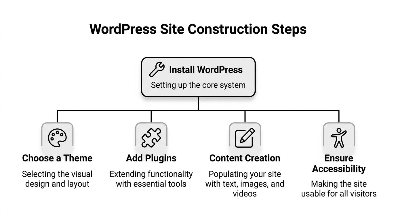 An infographic showing the steps to build a WordPress site, from installation to ensuring website accessibility.