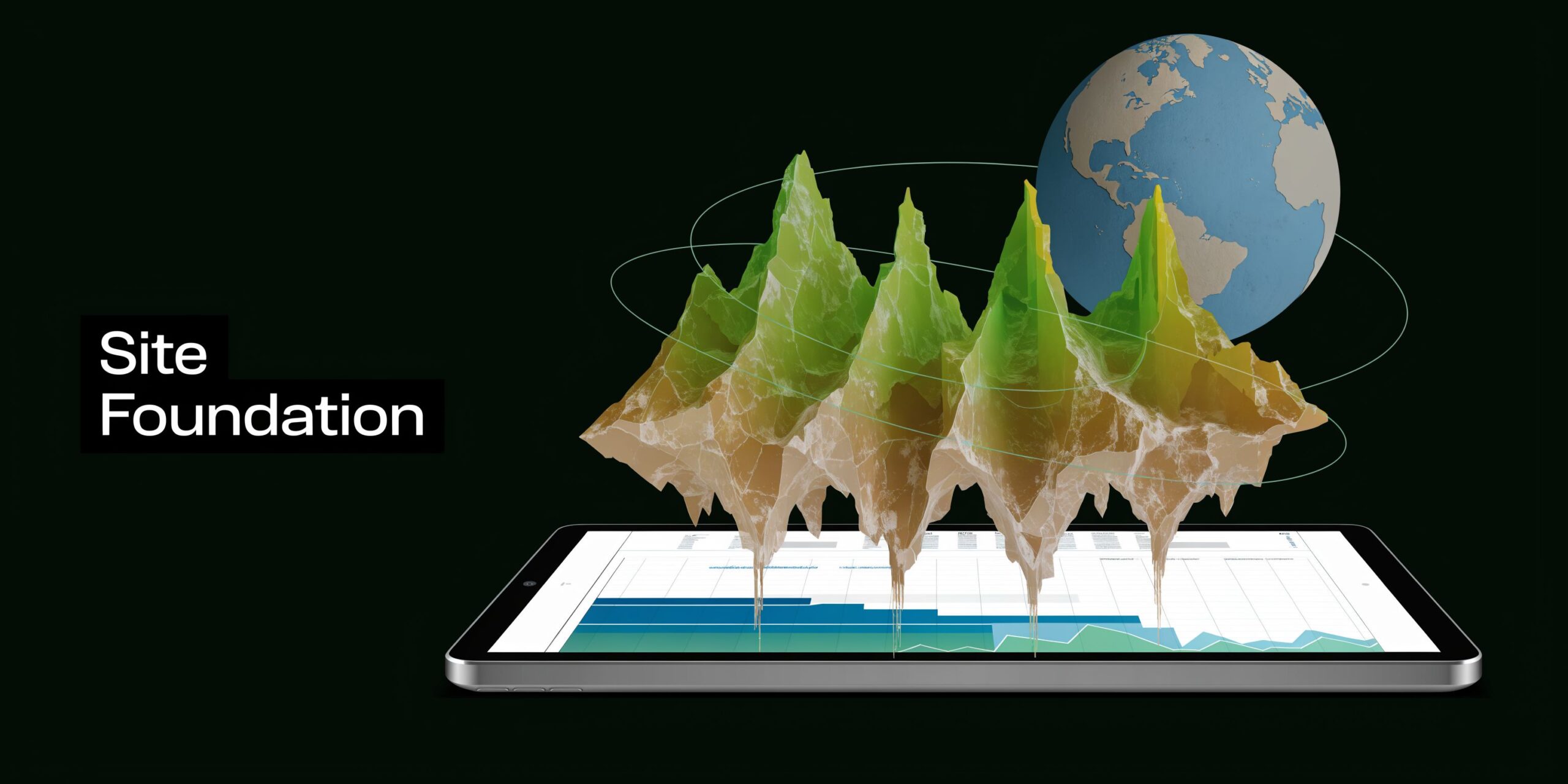 A tablet displaying data charts with 3D terrain mountains and a globe floating above it.