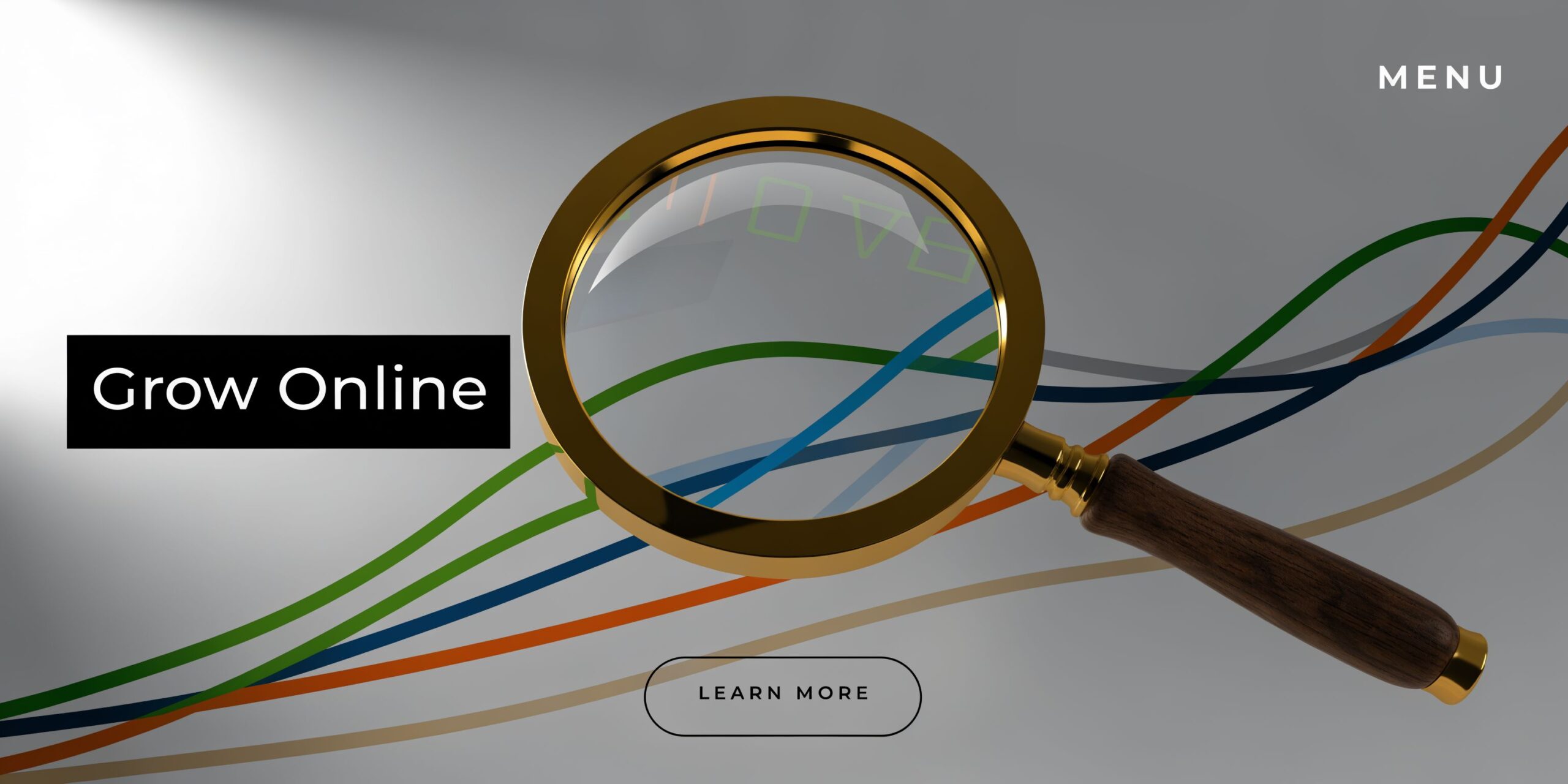 A magnifying glass focusing on abstract growth lines on a grey background with Grow Online text.