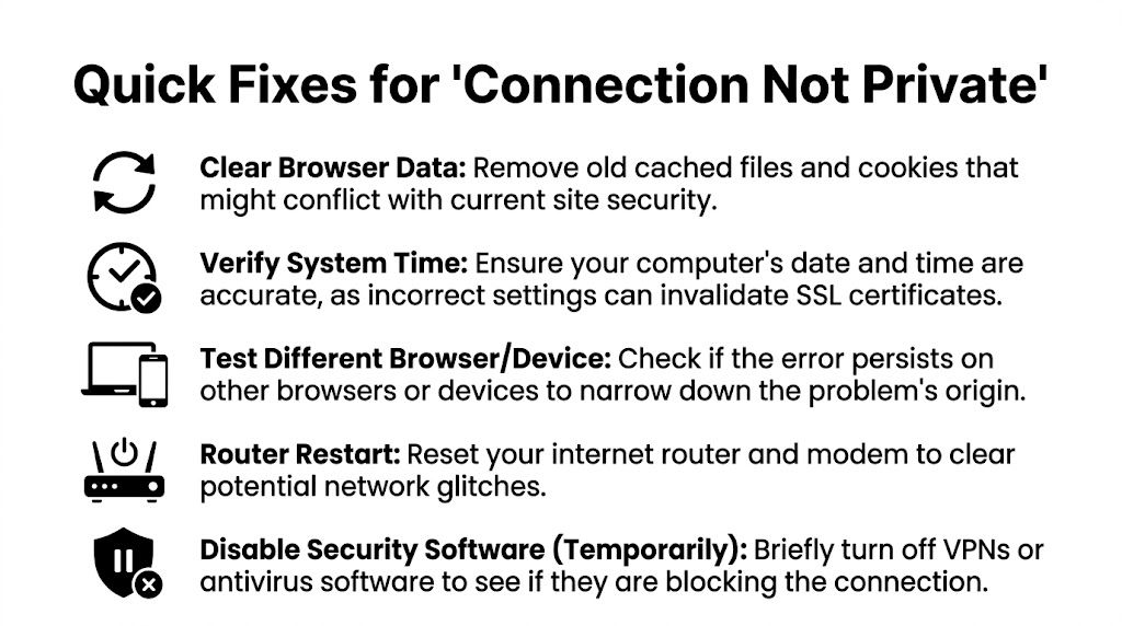 A list of five quick technical tips to troubleshoot and resolve a connection not private browser error.
