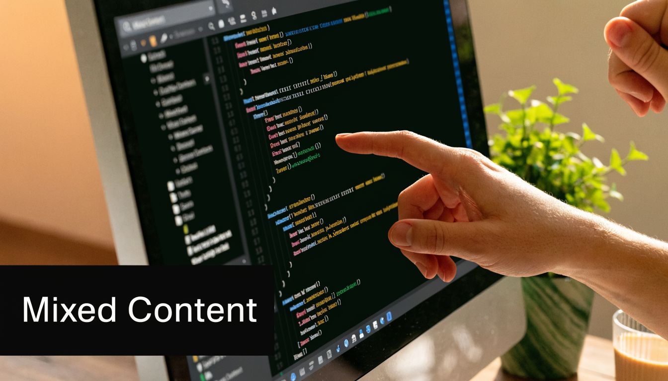 A person pointing at computer code on a screen displaying a mixed content security warning message.