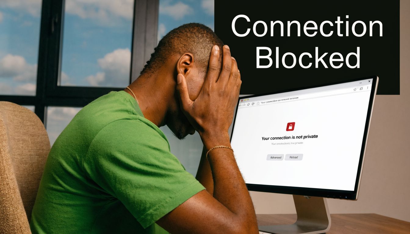 A frustrated man holding his head while looking at a computer screen showing a connection not private error.