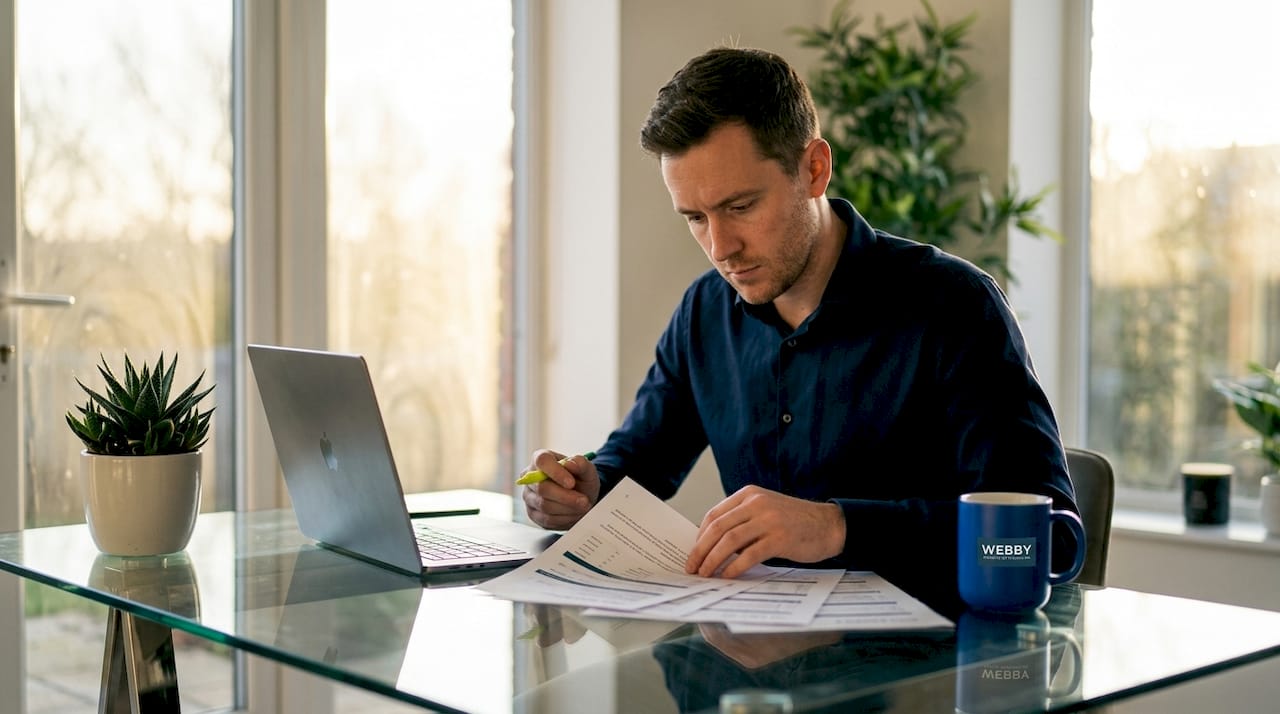 Business professional reviewing SEO reports at desk