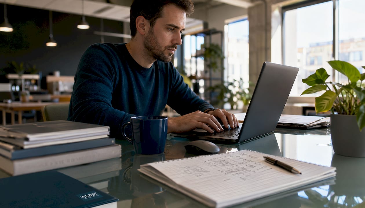 Developer optimizing images for SEO at desk