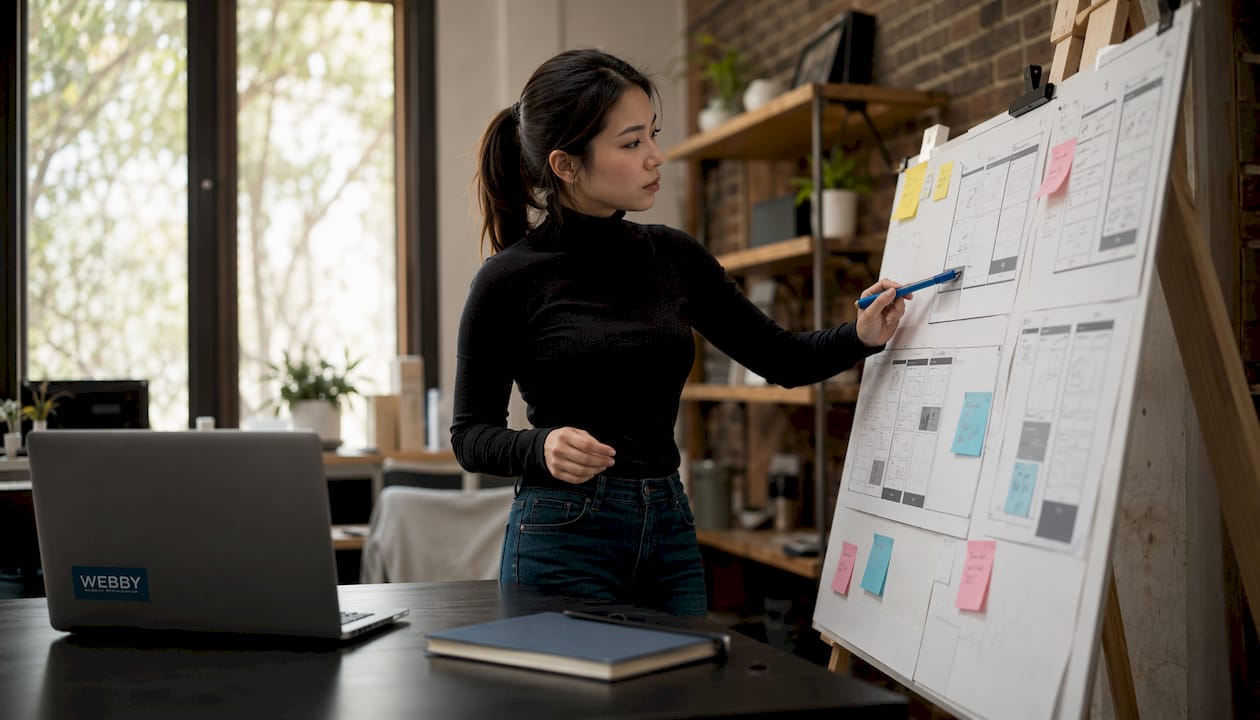 Marketer reviewing website messaging wireframes