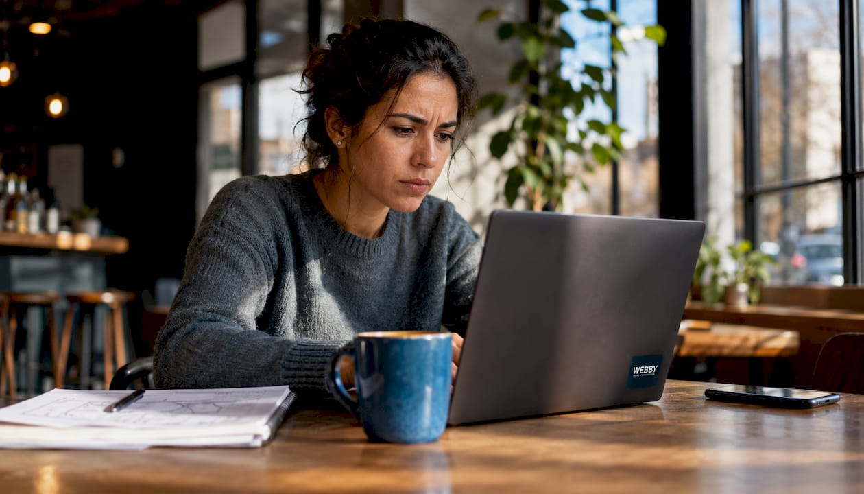 Frustrated website visitor at home office desk