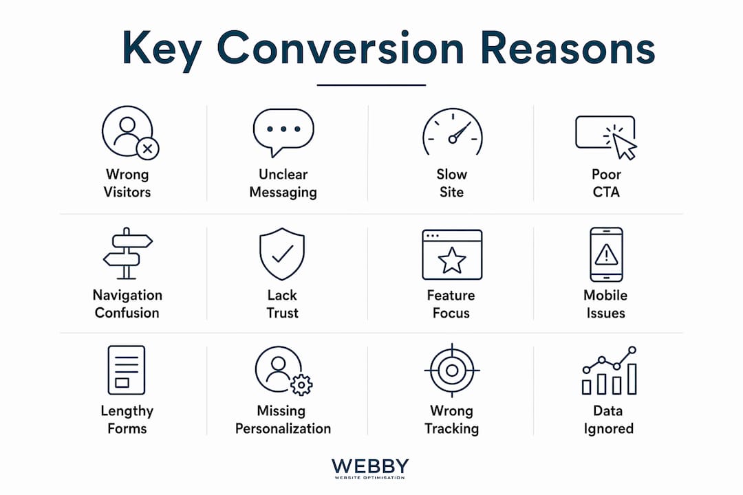 Infographic listing key website conversion reasons in vertical steps