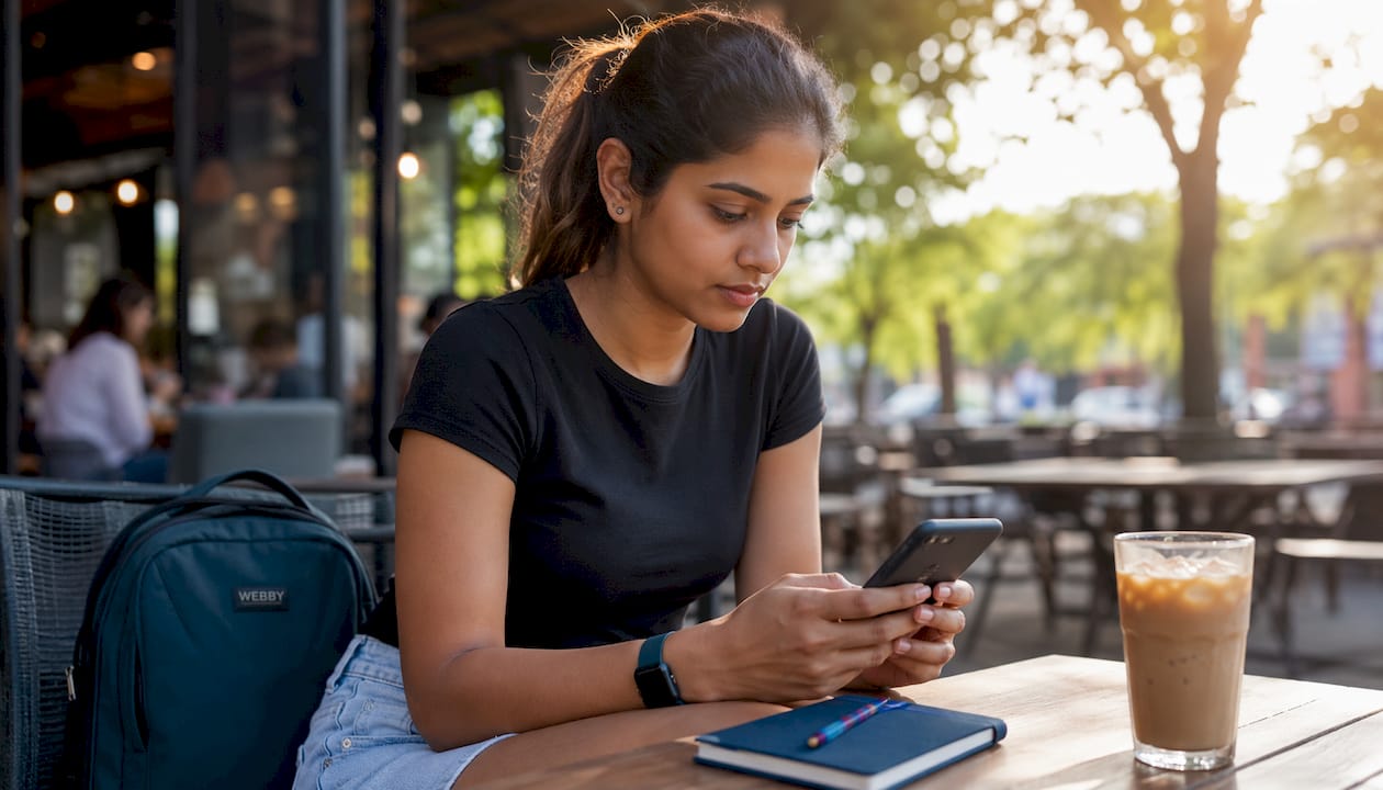 Woman browsing local business mobile site in café