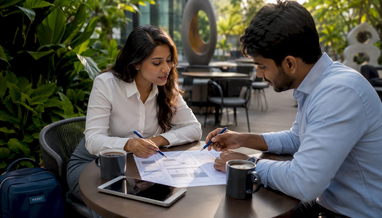 Two professionals discussing webpage wireframe in coworking space