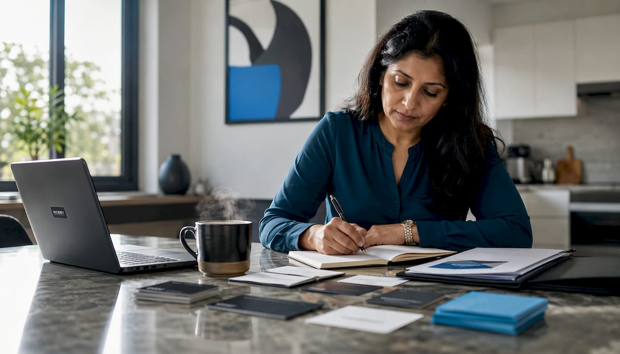 Woman taking notes in home office