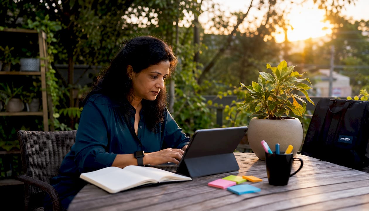 Woman planning growth-focused website at home desk