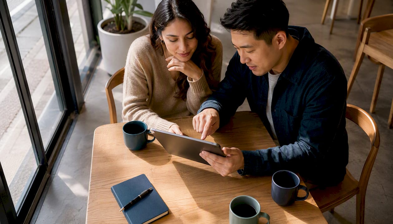 Two professionals choosing software on tablet