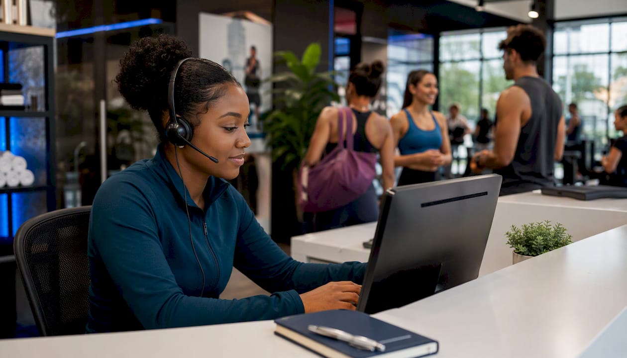 Fitness studio receptionist managing bookings