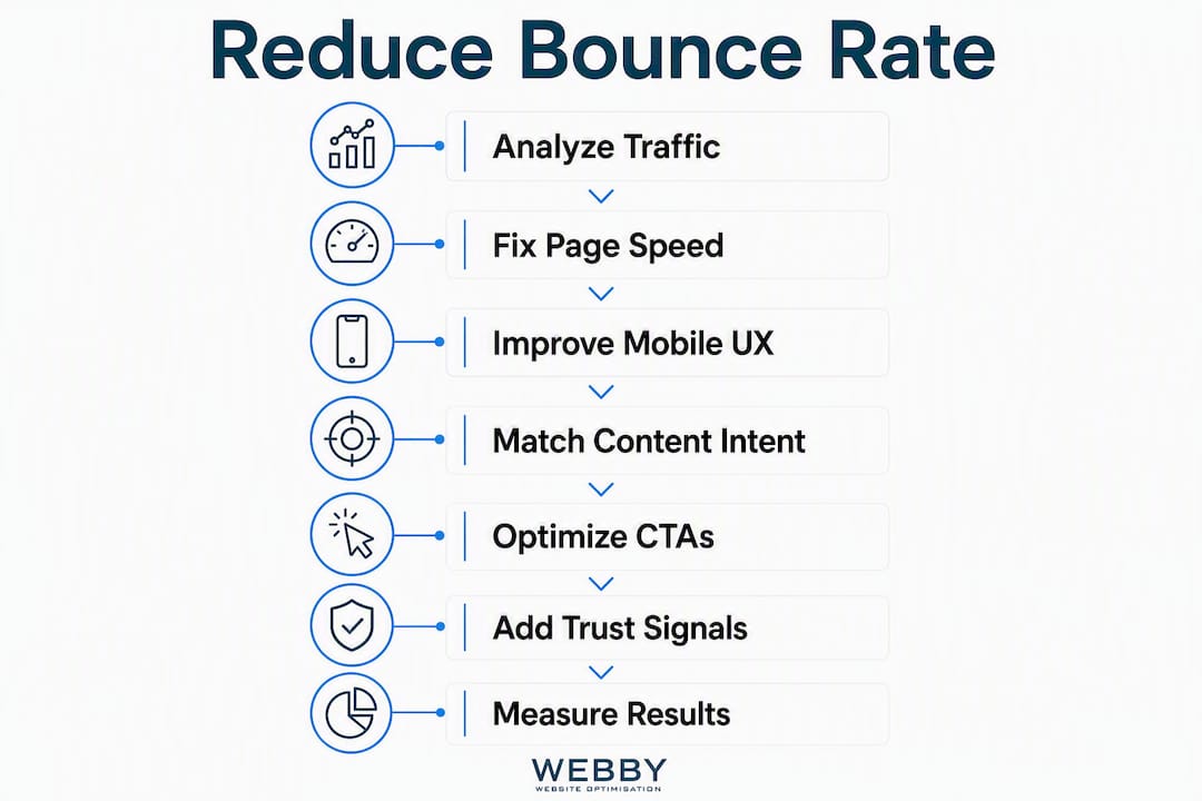 Infographic illustrating steps to reduce website bounce rate