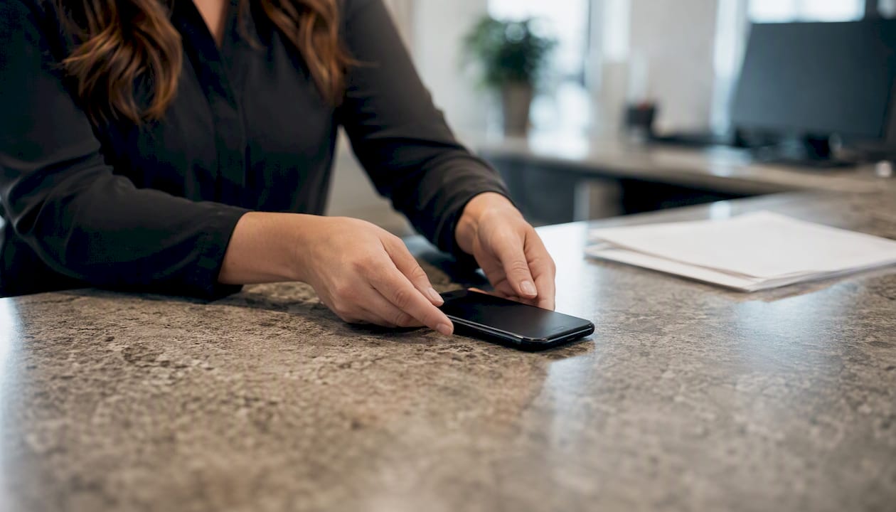 Hands placing phone for customer follow-up call