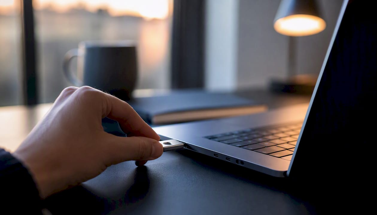 Hand inserting hardware security key into laptop
