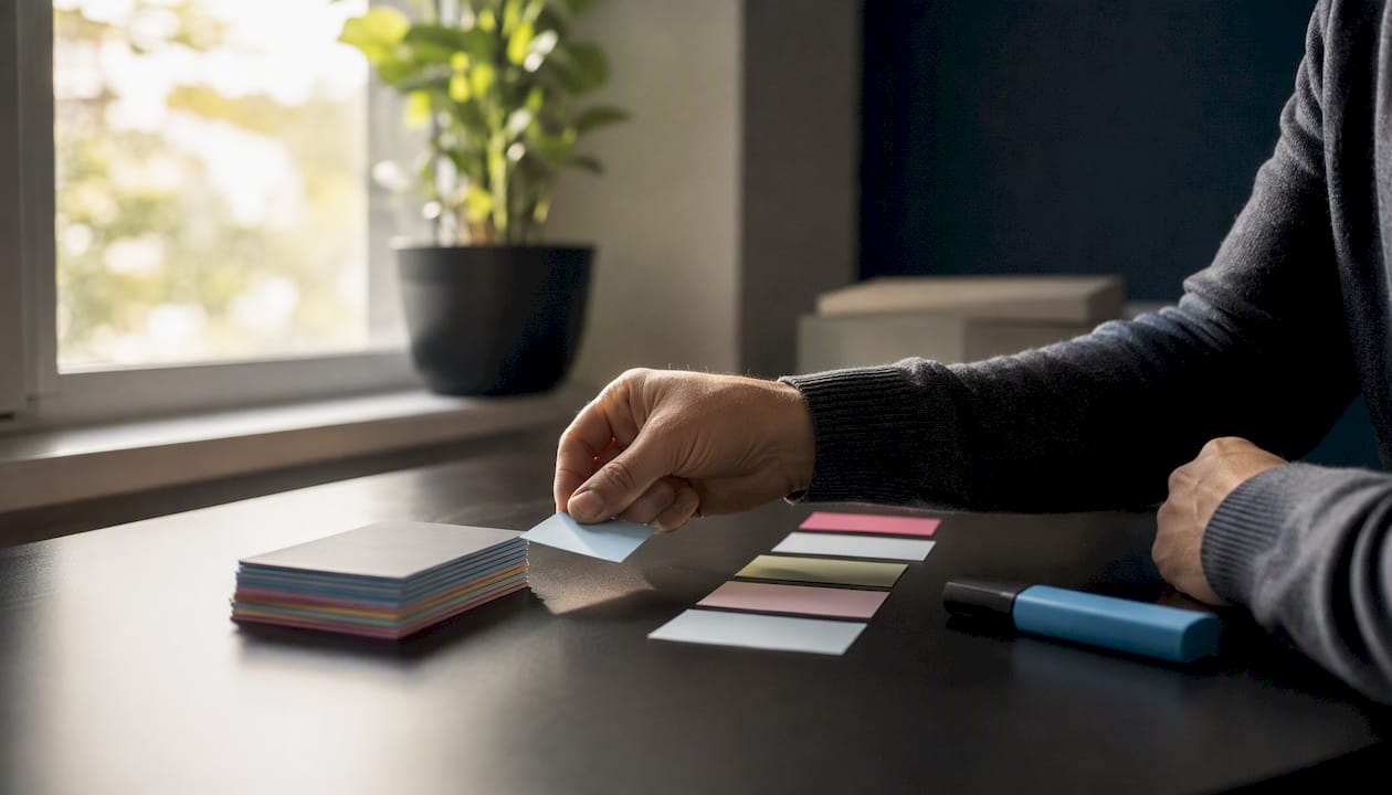 Hands arranging index cards for SEO tasks
