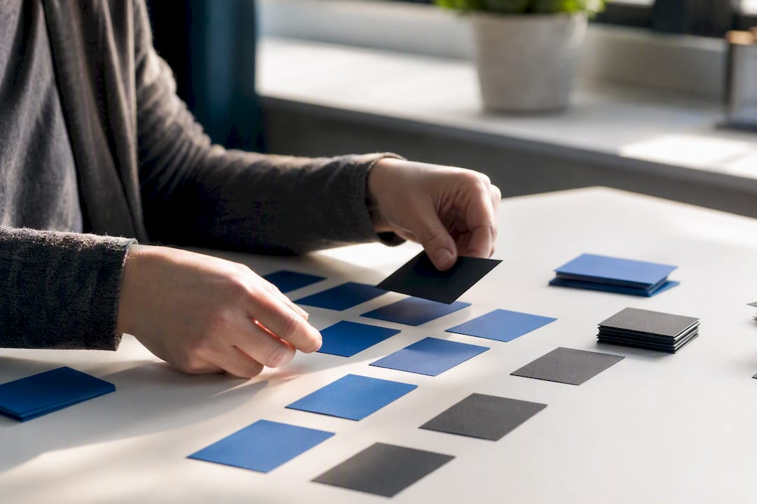 Hands arranging SEO keyword cards on desk