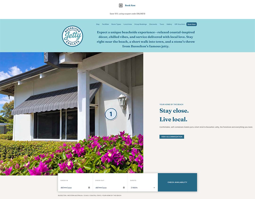 Busselton Jetty Chalets accommodation website design and development