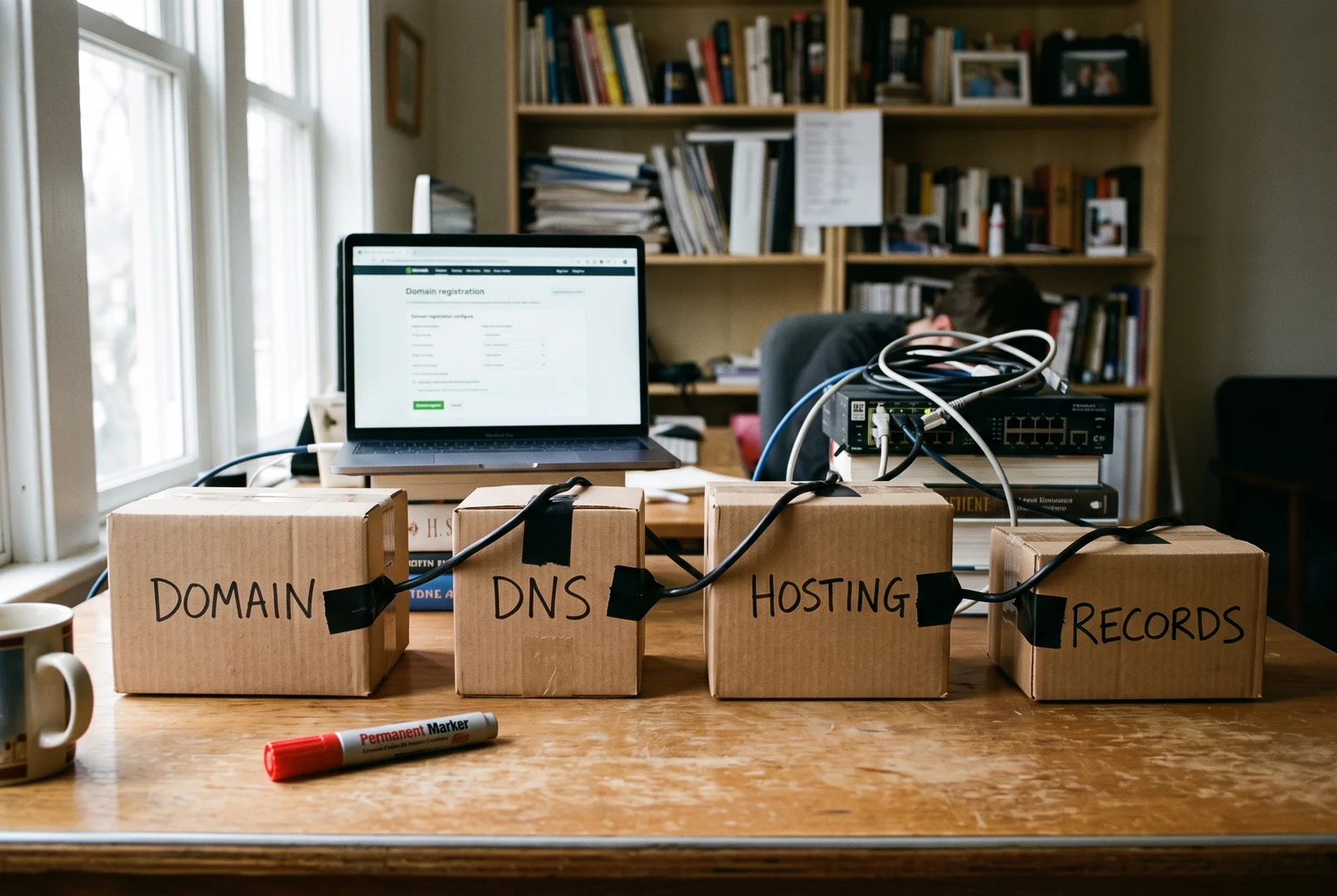 four labelled boxes in a row, domain, DNS, hosting, records, connected by arrows
