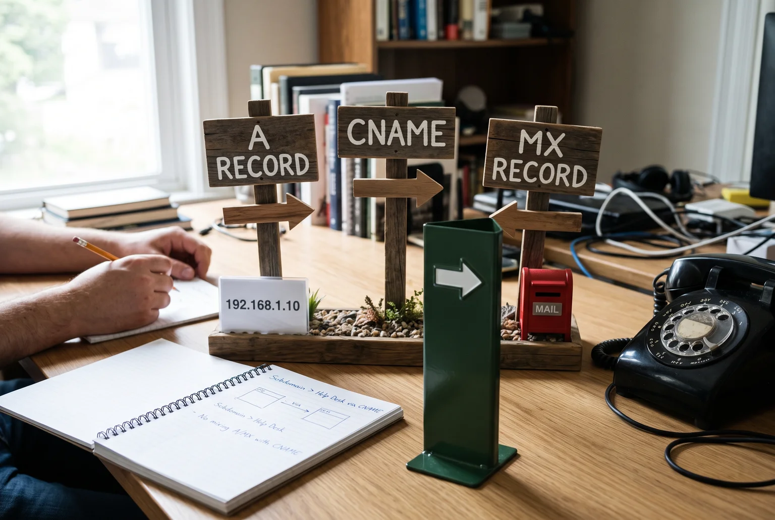 three labelled signposts, A record pointing to a number, CNAME pointing to another sign, MX pointing to a mailbox